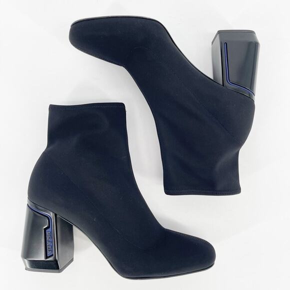 Prada Black Square Toe Logo Block Heel Nylon Ankle Sock Boot Bootie size IT 40 - Picture 5 of 15